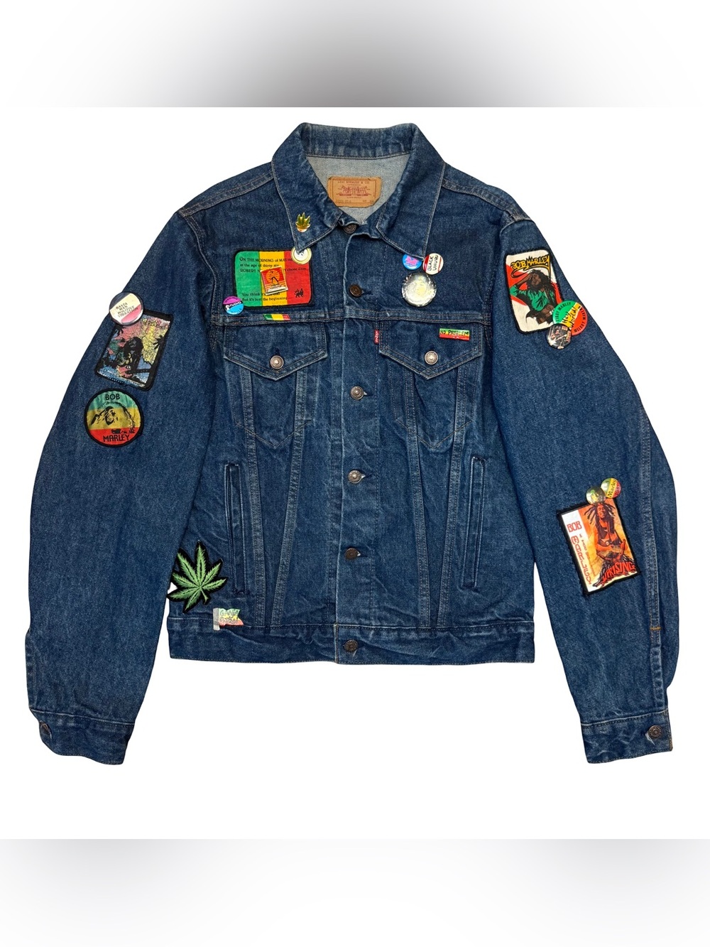 Vintage 80s Levi’s Made in USA Custom Rasta Bob Marley Denim Trucker Jacket 40L